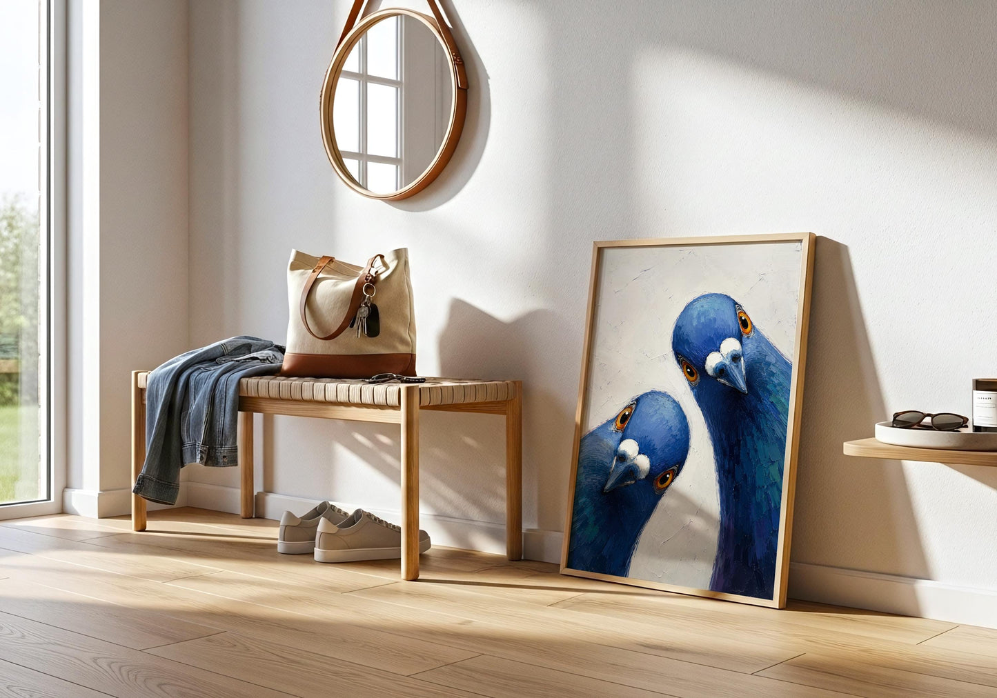 Quirky wildlife wall art featuring two blue pigeons