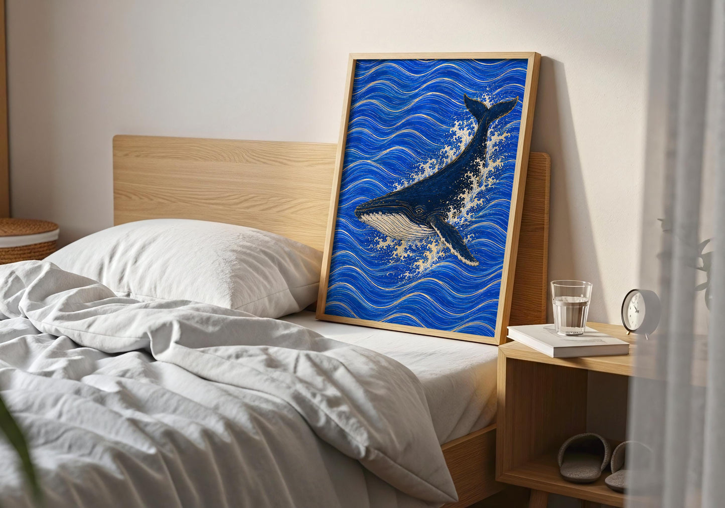 Coastal wall art showcasing majestic whale in deep blue sea