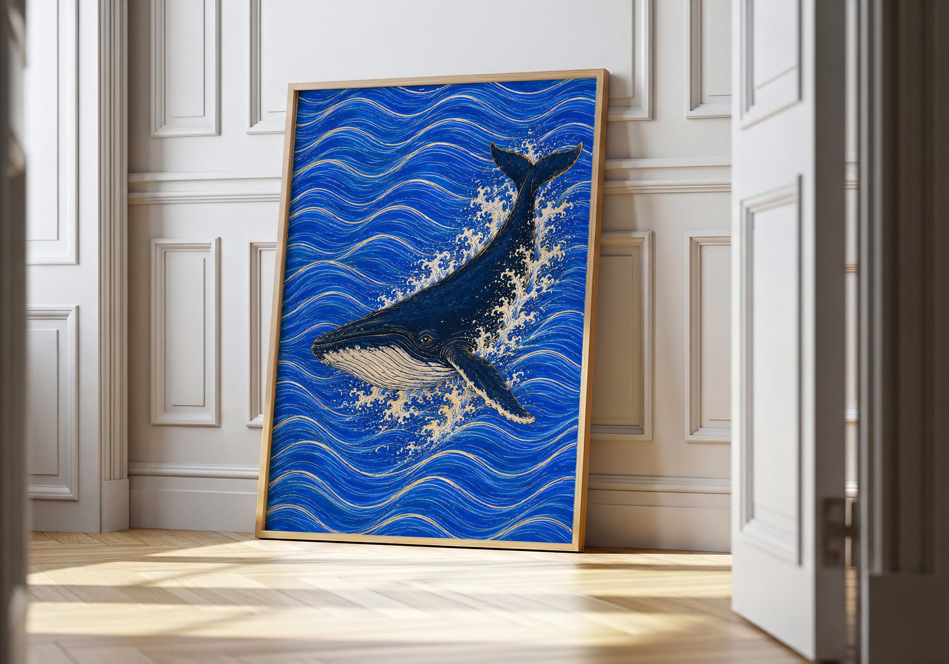 Whale wall art featuring whale swimming through vibrant blue waves