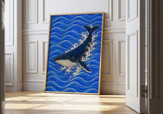 Whale wall art featuring whale swimming through vibrant blue waves