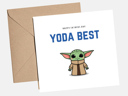 Funny Father's Day card featuring a cute green space character with the words "Yoda Best", perfect for dads who love sci-fi and geeky gifts.