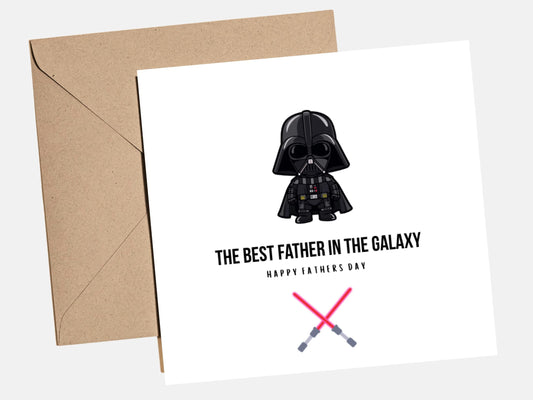 Funny Father's Day card featuring a cute dark space villain character with the message "The Best Father In The Galaxy", perfect for dads who love sci-fi and movie gifts.