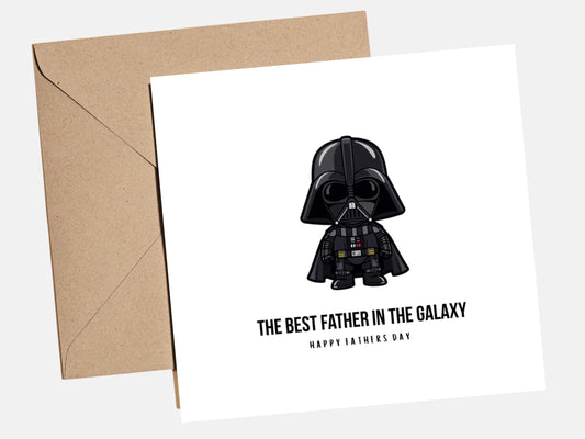 Funny Father's Day card featuring a cute dark space character with the message "The Best Father In The Galaxy", ideal for dads who love sci-fi and space adventures.