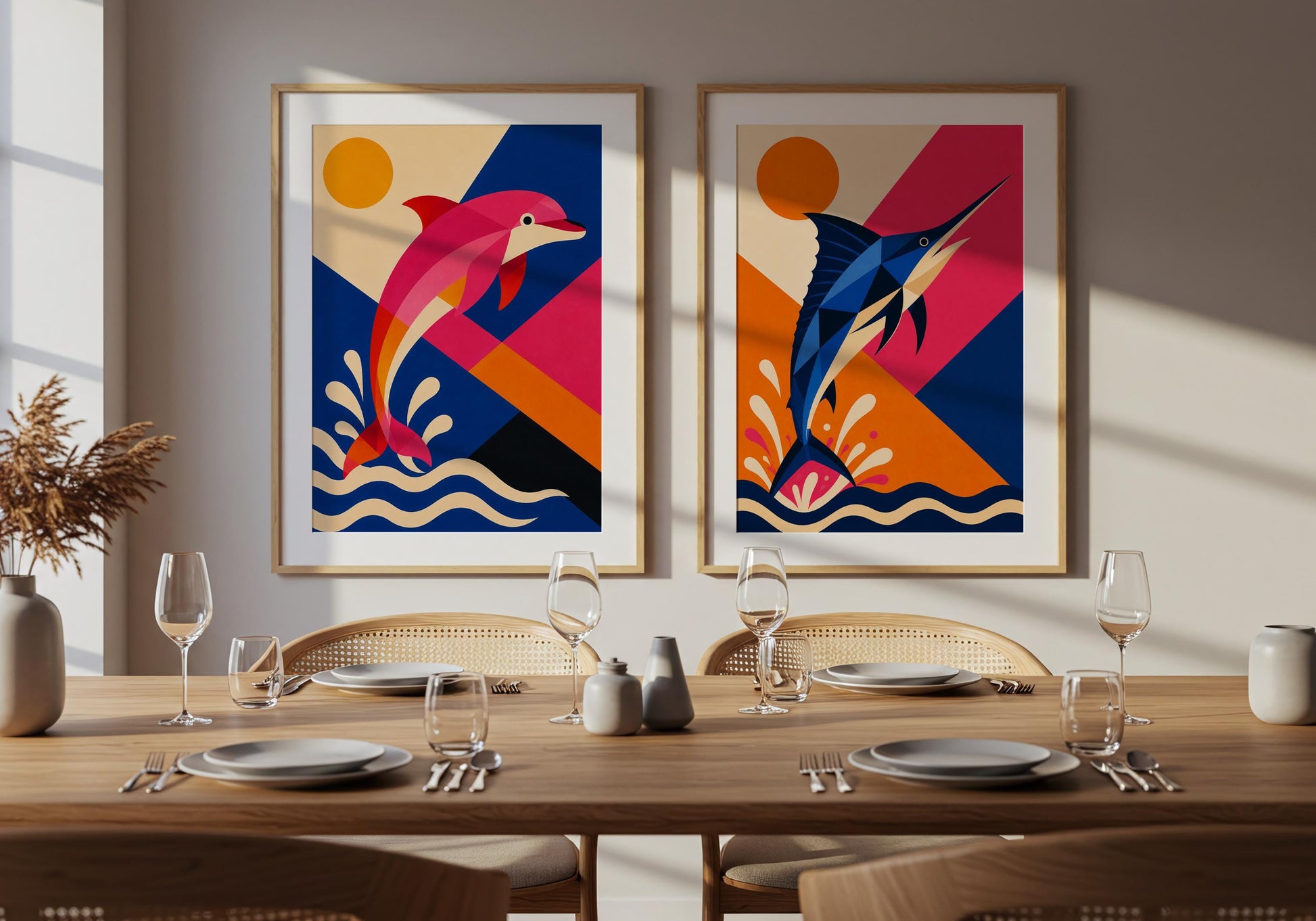 Dolphin and marlin fish wall art set displayed as modern coastal decor in a dining space.