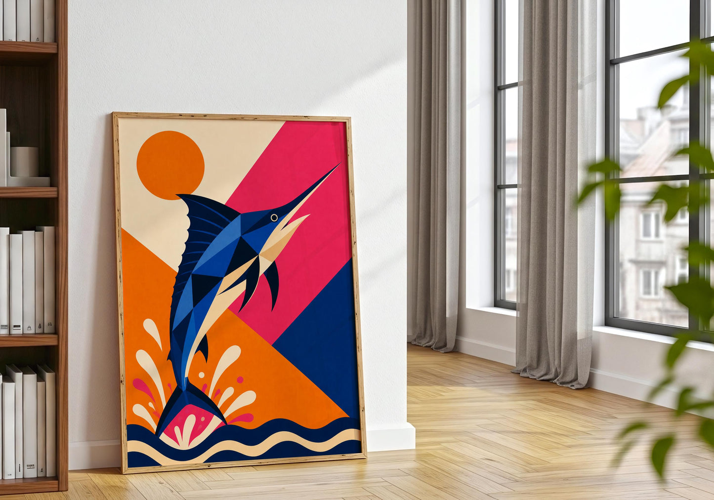 Colourful marlin fish wall art print in a contemporary coastal home with natural wood flooring.