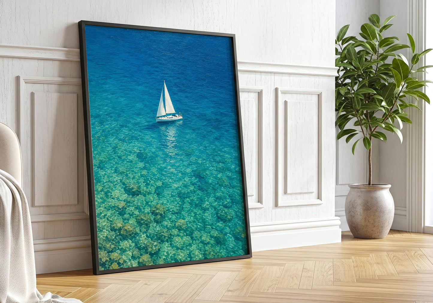Mediterranean-inspired ocean print showing sailboat in clear turquoise waters.