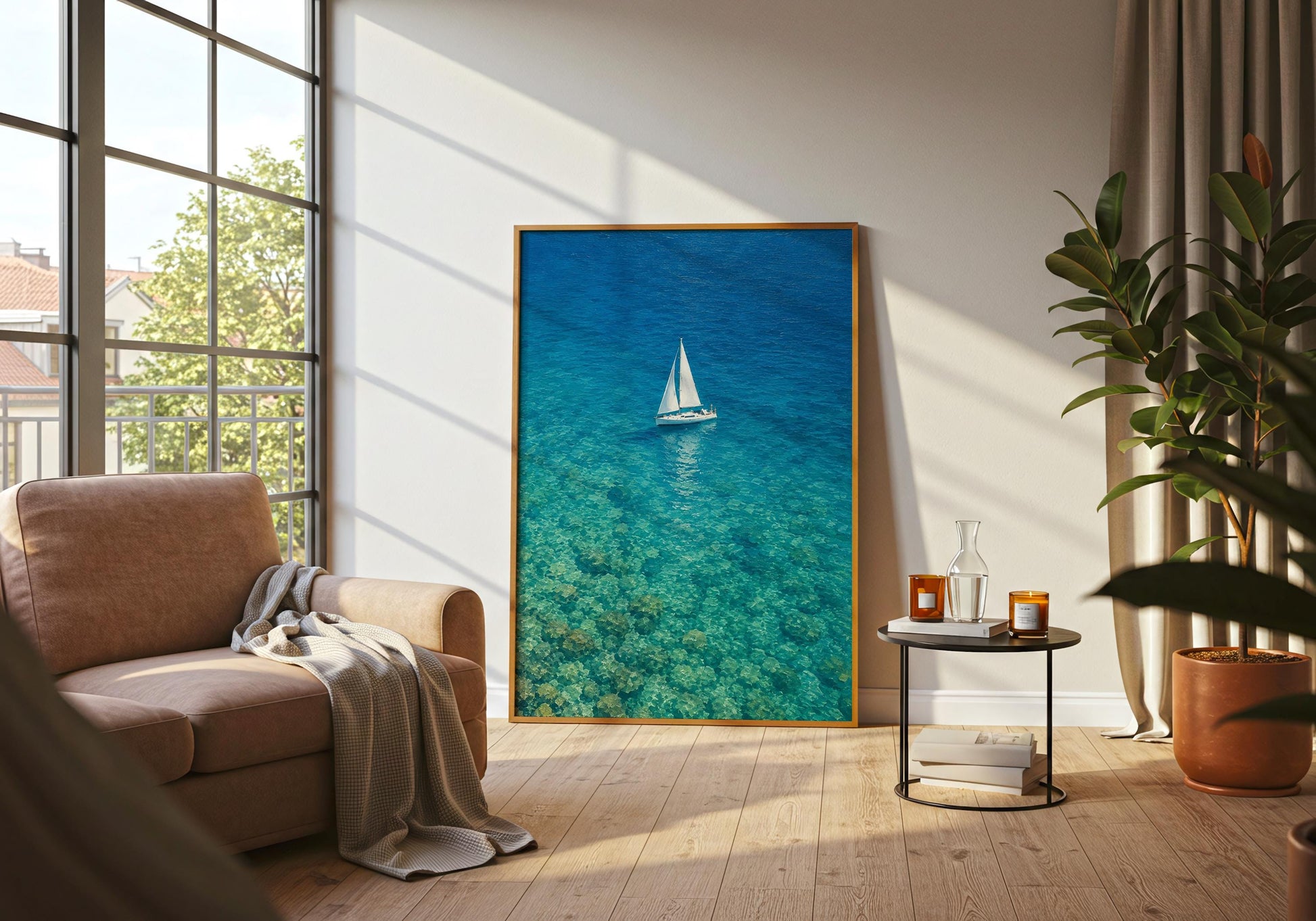 Modern coastal artwork with aerial ocean view and sailing boat.
