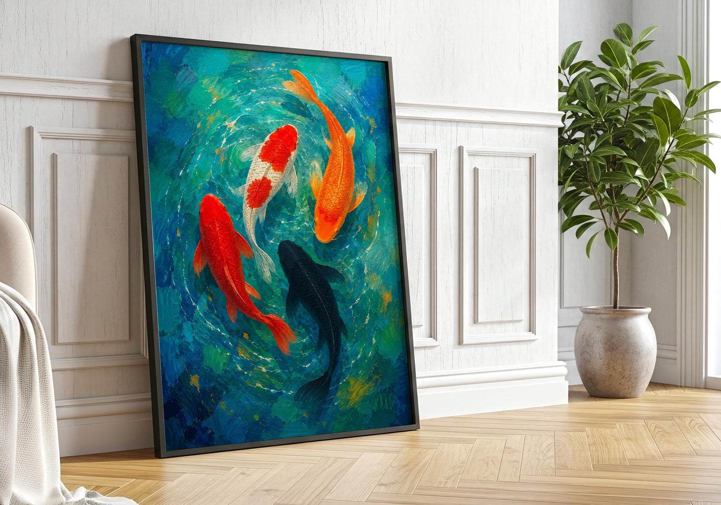 Feng shui wall art showing koi fish circling in a blue pond.