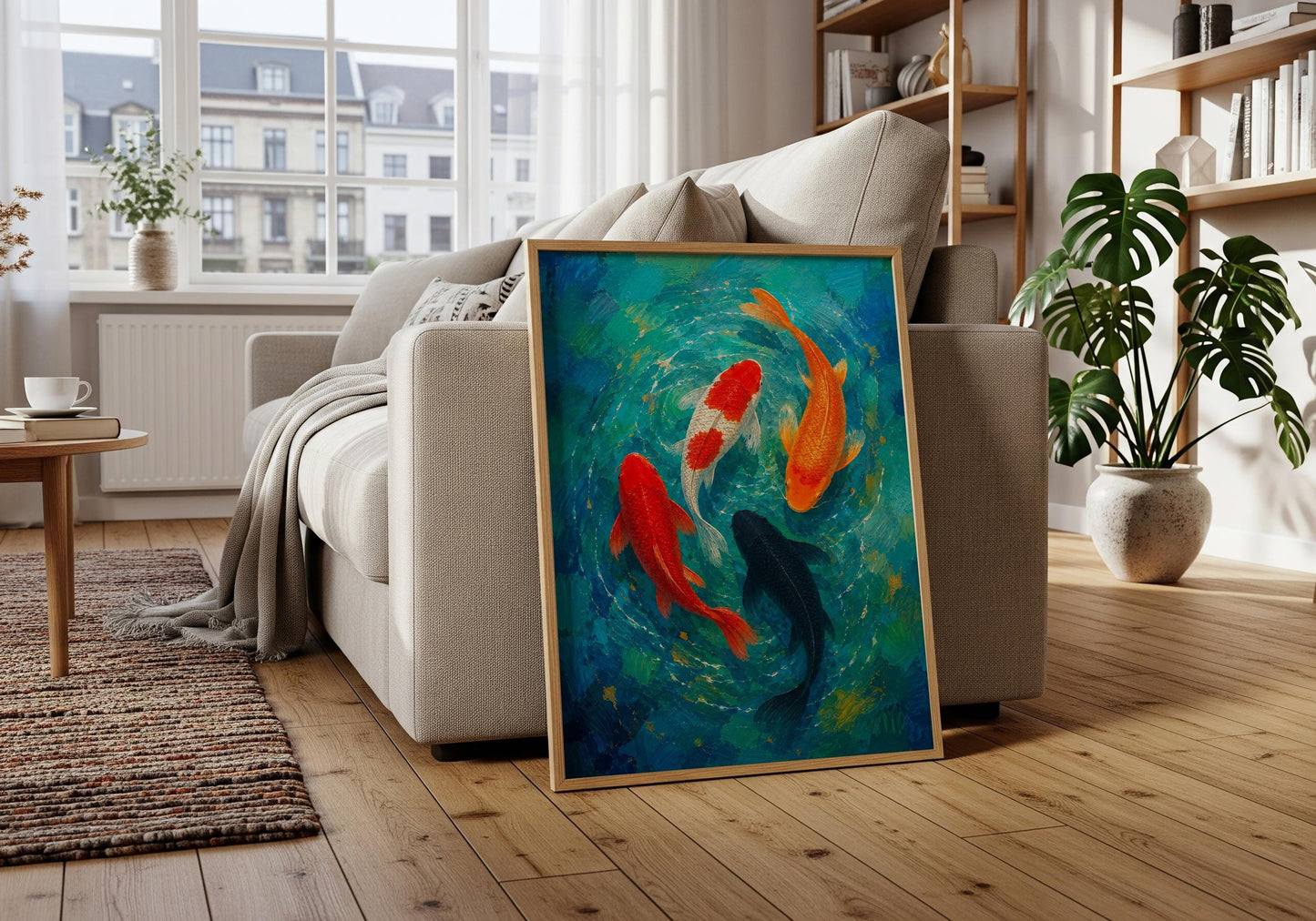 Zen wall decor featuring detailed koi fish and swirling water.