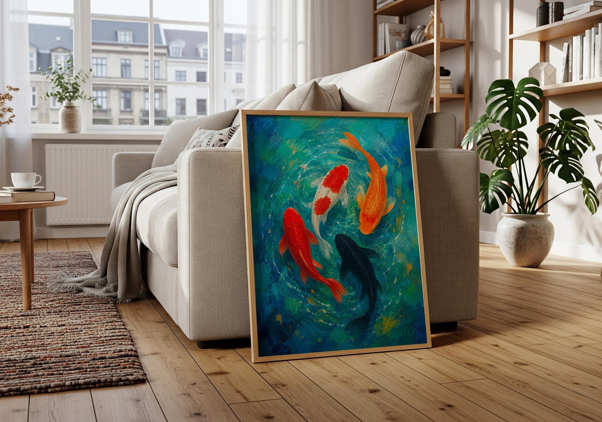 Zen wall decor featuring detailed koi fish and swirling water.