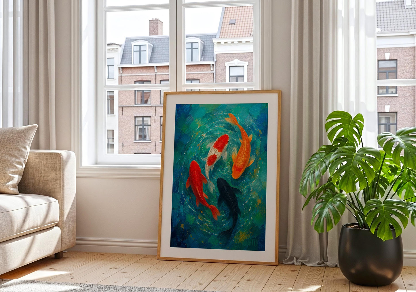Asian inspired wall decor featuring four elegant koi fish.