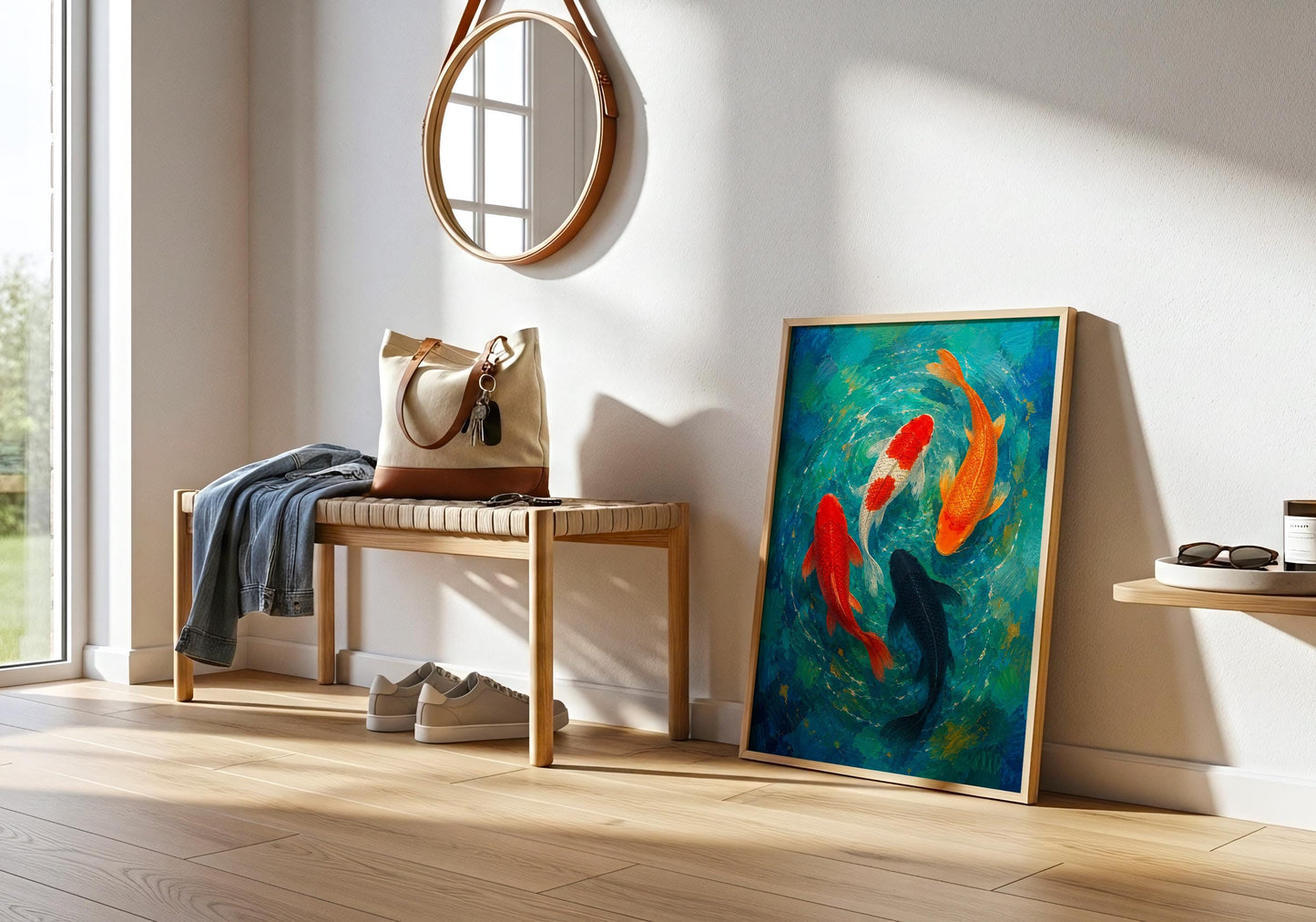 Meditation room artwork featuring symbolic koi fish swimming in water.