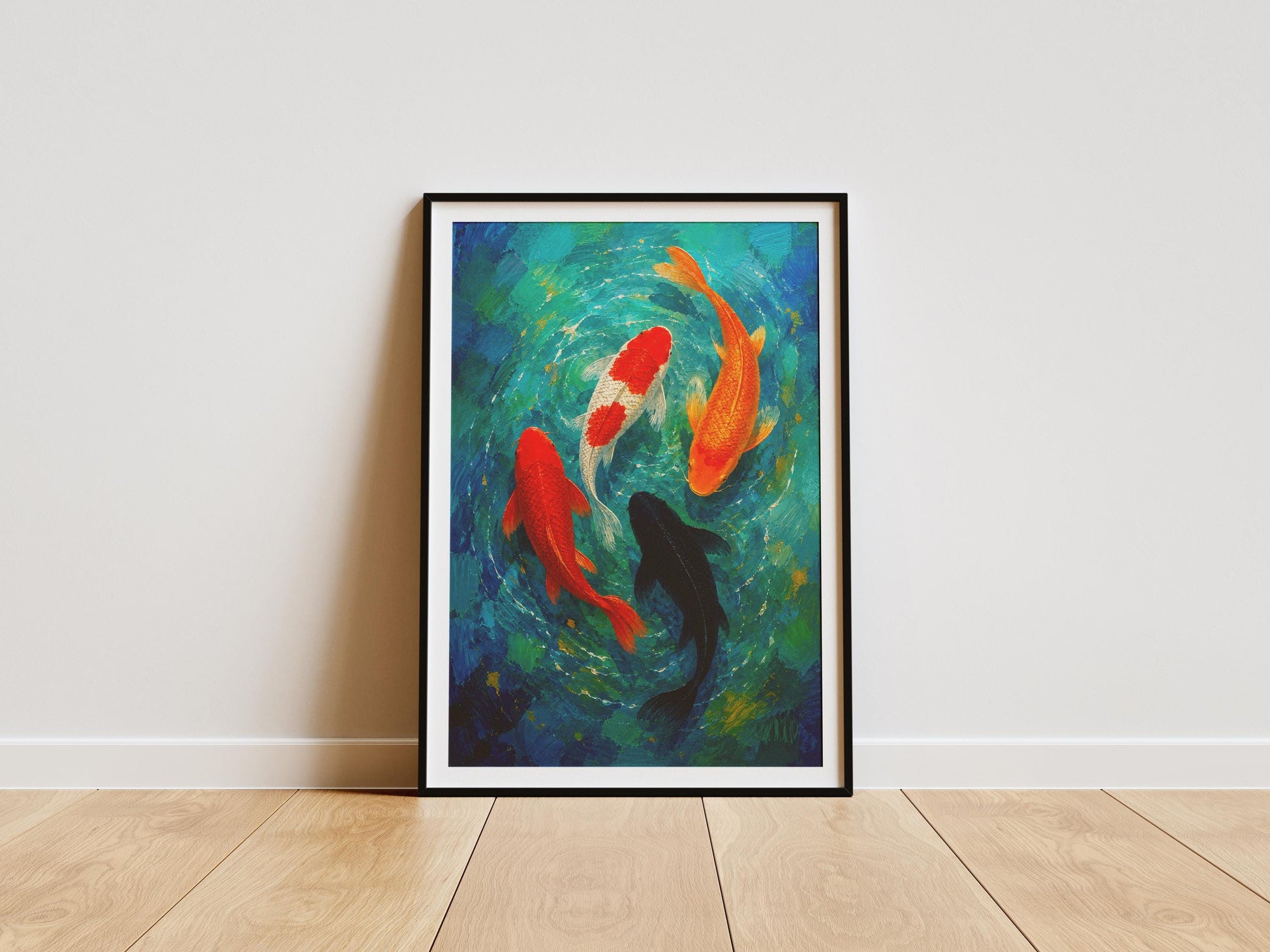 Colourful koi fish wall art featuring four koi swimming in turquoise water.