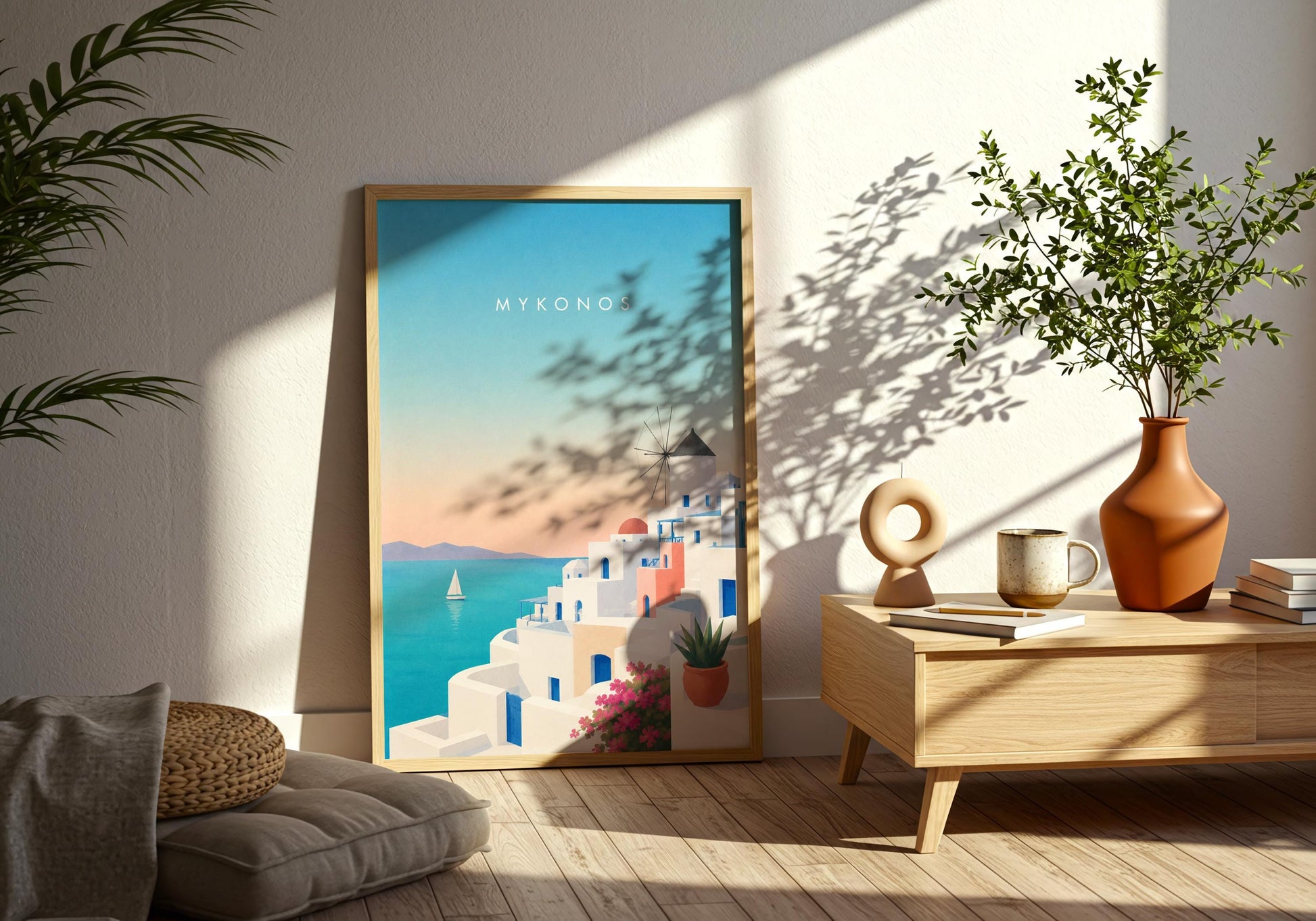 Mediterranean home decor print featuring coastal village and sailboat.