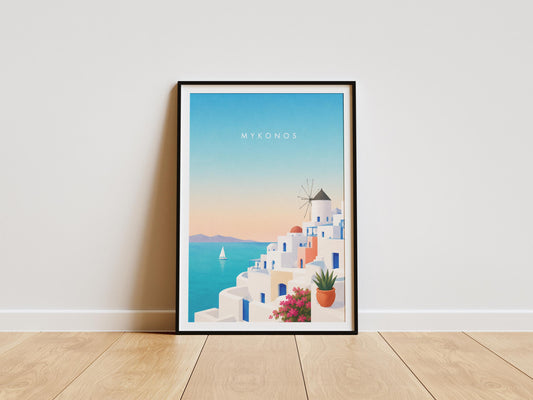 Mykonos travel poster featuring whitewashed Greek buildings overlooking the Aegean Sea.