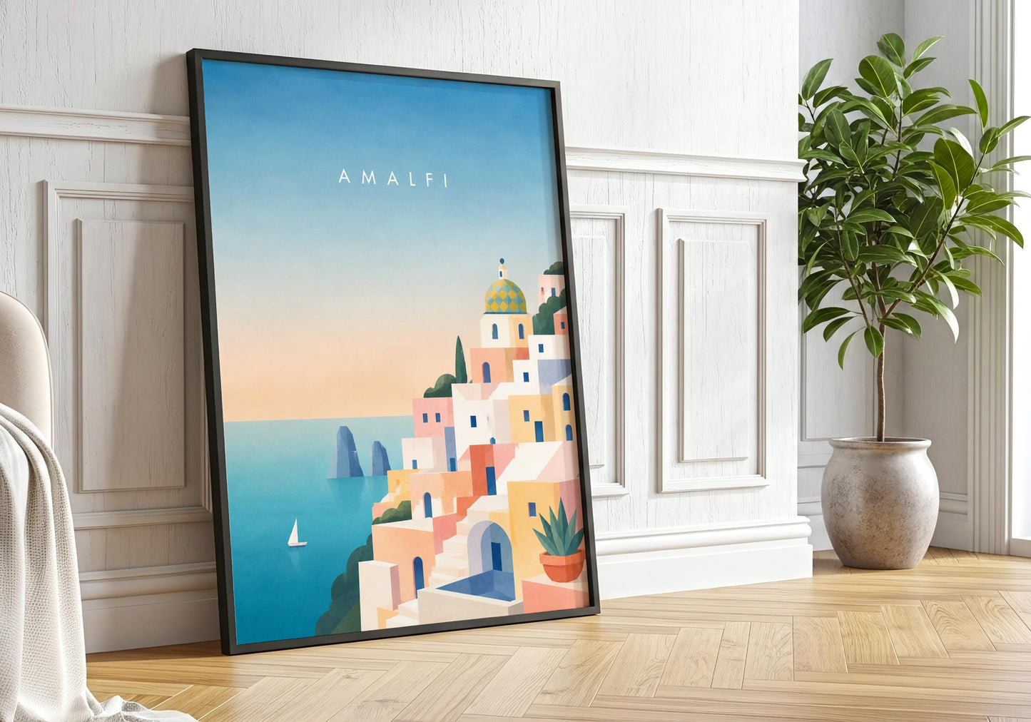 Mediterranean travel print with pastel architecture and blue ocean views.