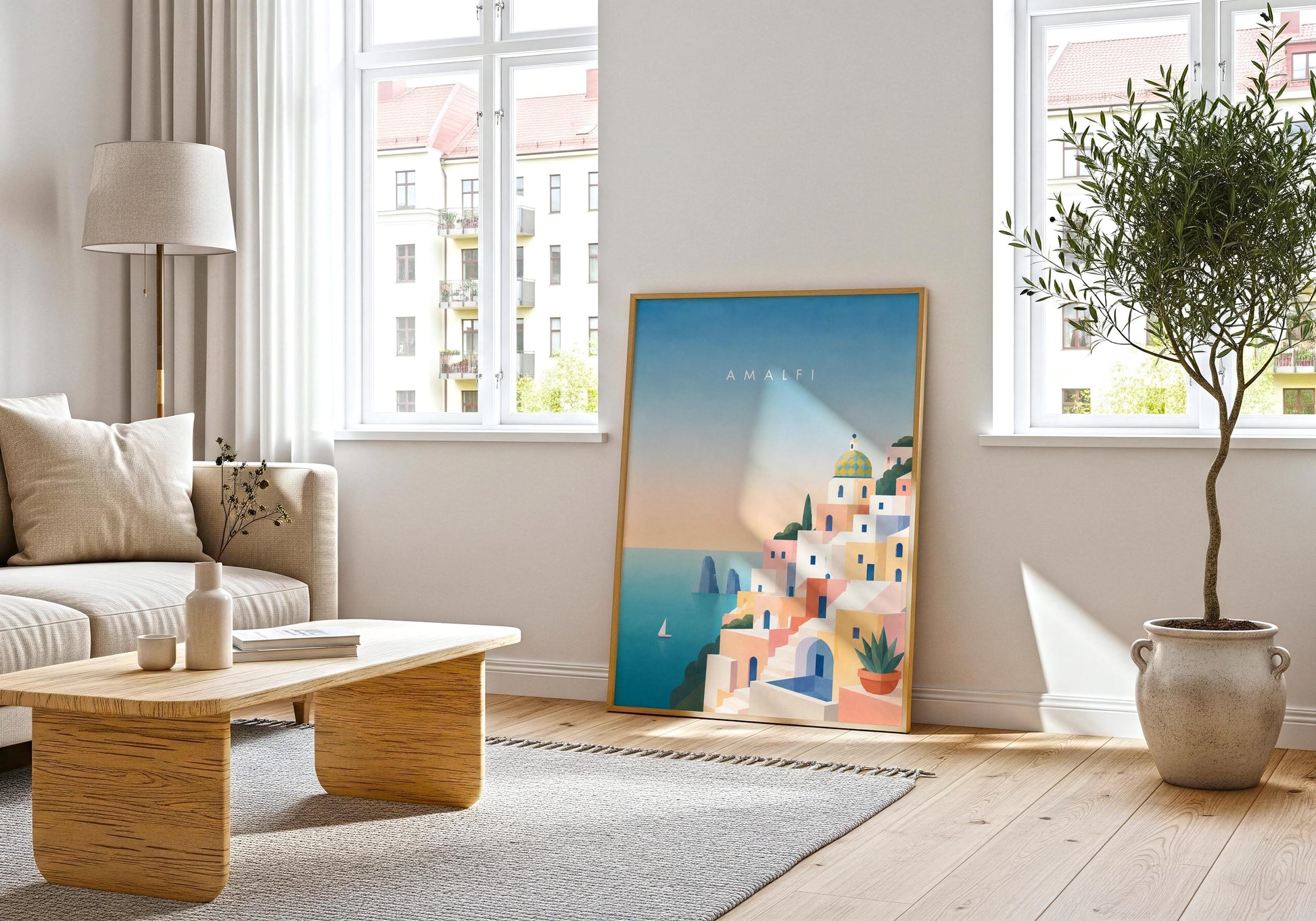 Modern travel poster featuring colourful Italian cliffside buildings.