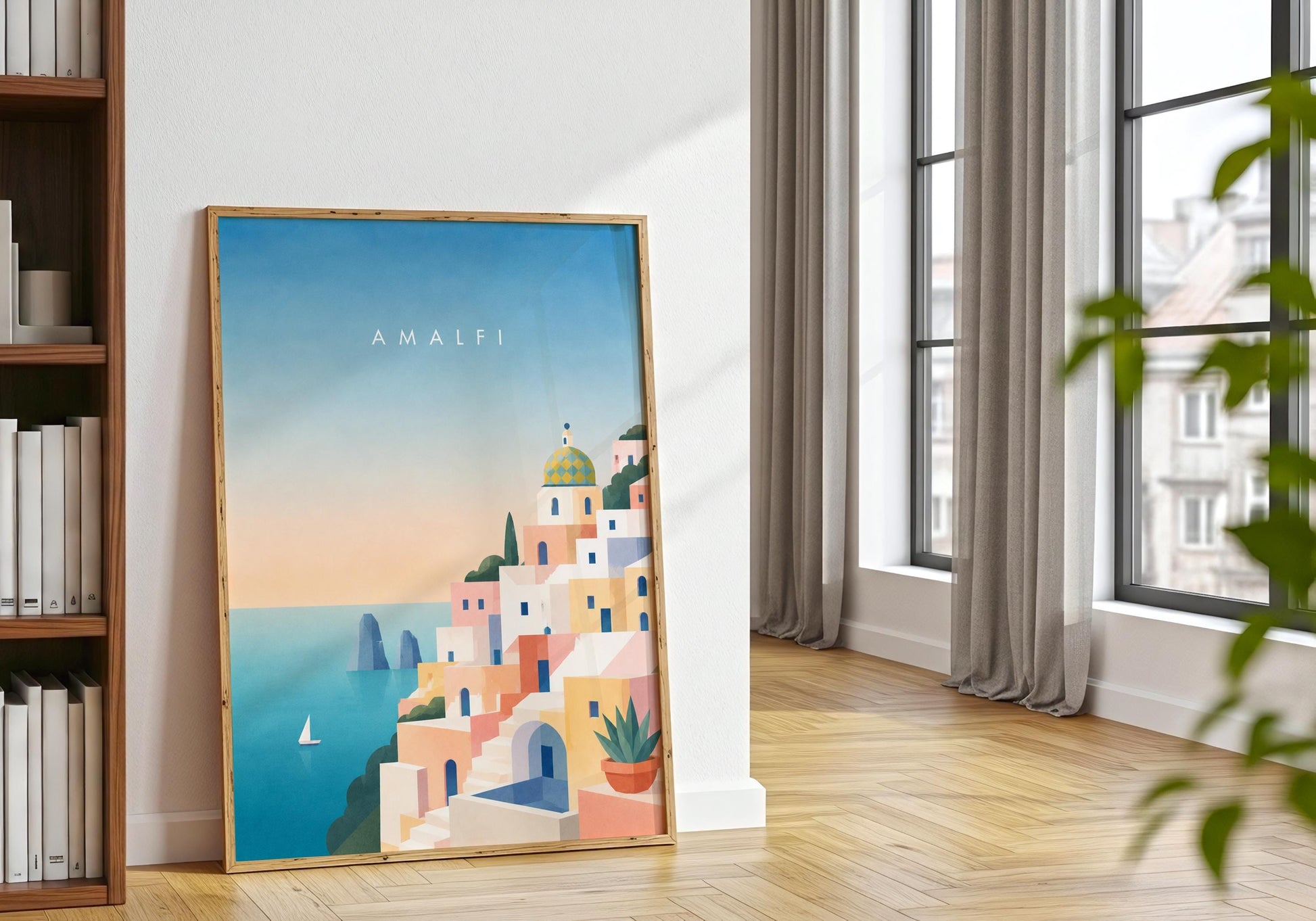Mediterranean home decor print with serene ocean and village landscape.