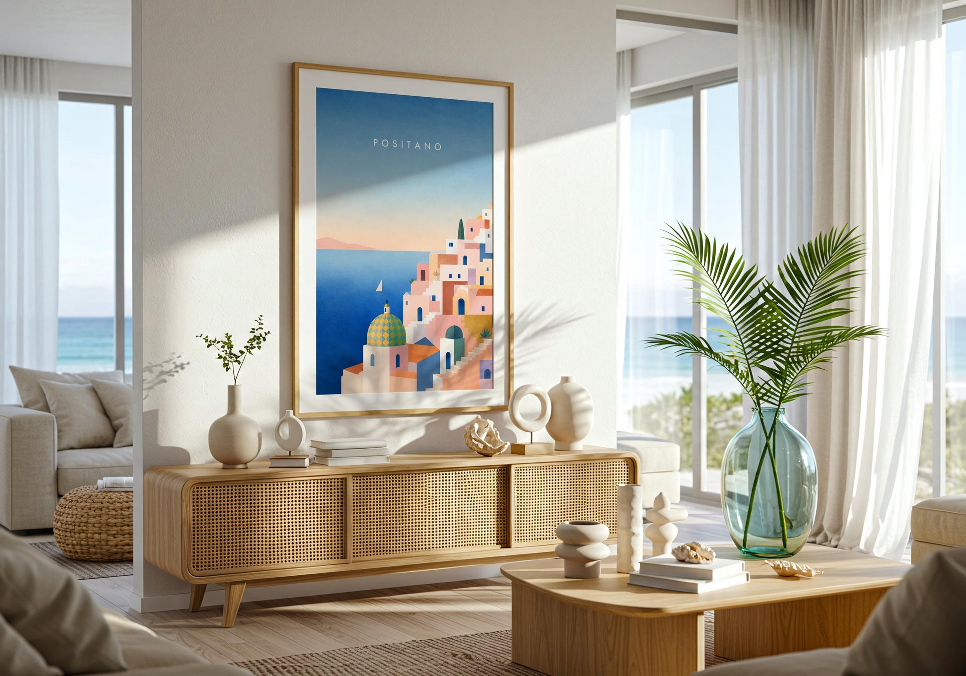 Amalfi Coast artwork featuring colourful hillside buildings and ocean views.