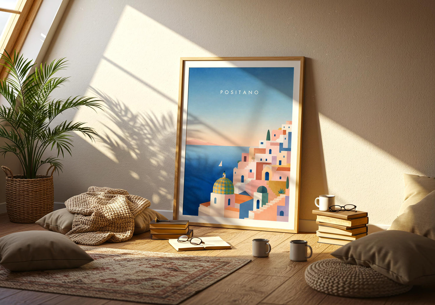 Modern travel poster inspired by southern Italy and Mediterranean living.