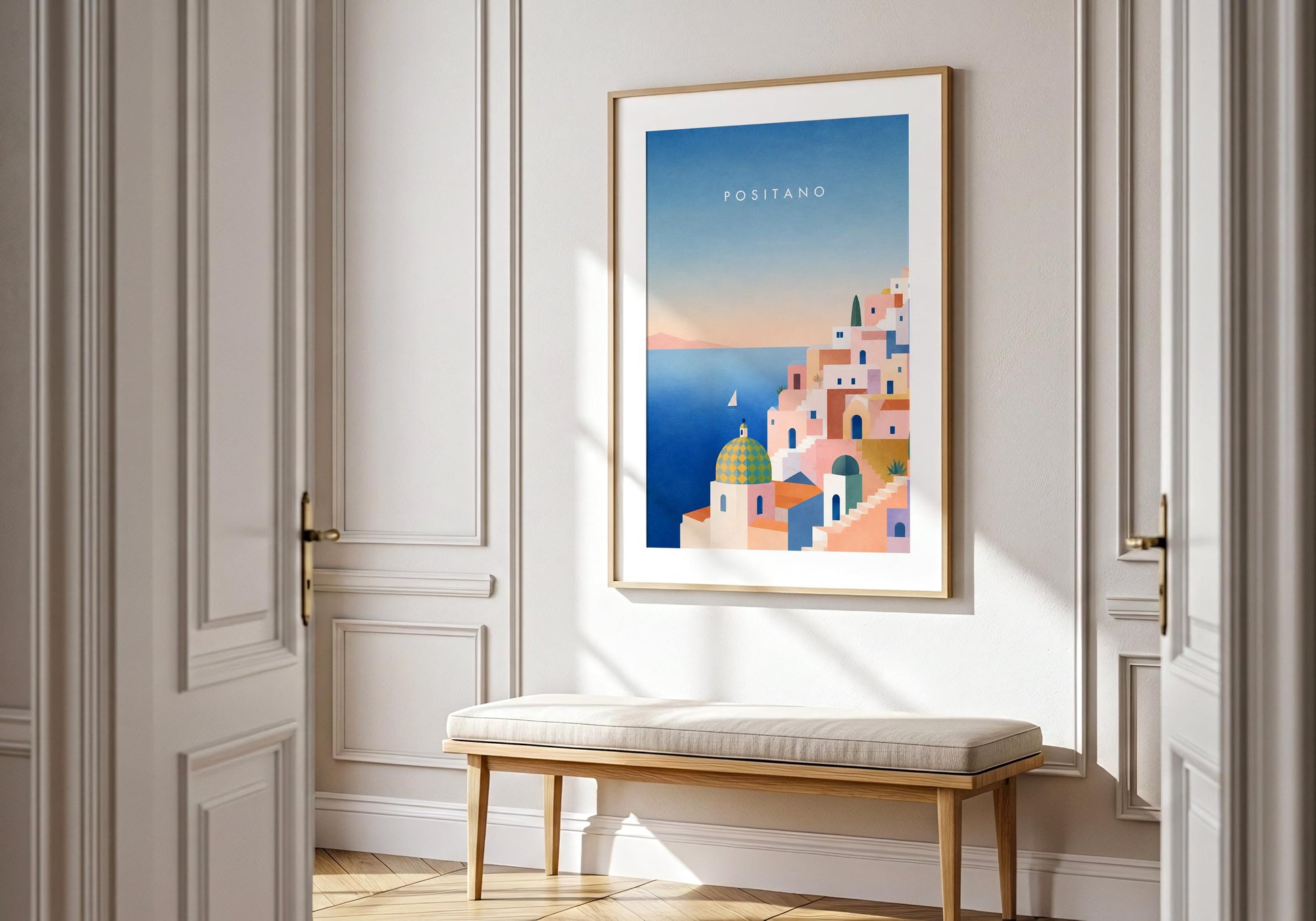 Coastal wall art capturing the beauty of Positano's famous architecture.