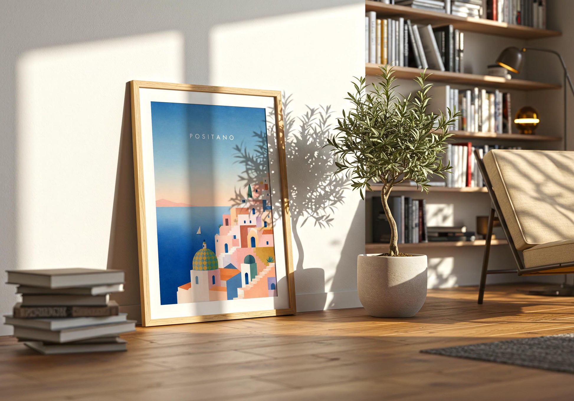 Italian travel print with pastel buildings, sea views, and Mediterranean charm.