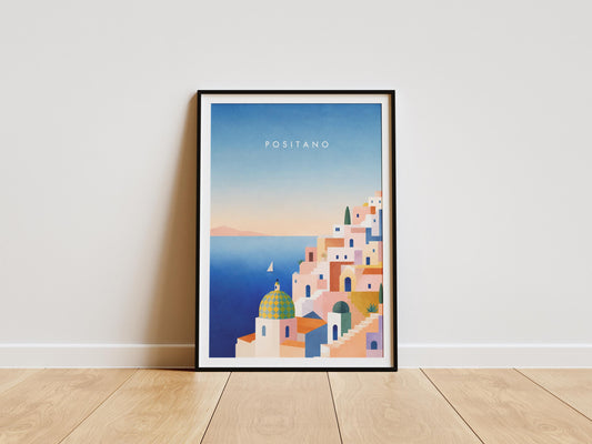 Positano travel poster featuring colourful Italian cliffside buildings overlooking the Mediterranean Sea.