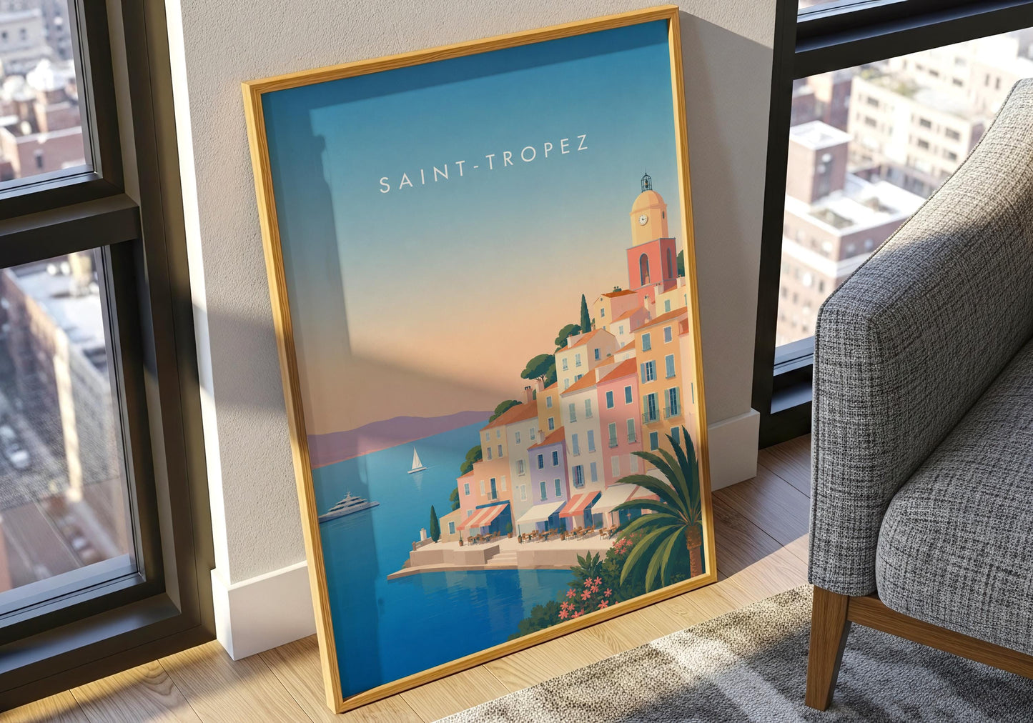 Mediterranean travel print with coastal architecture and blue sea views.