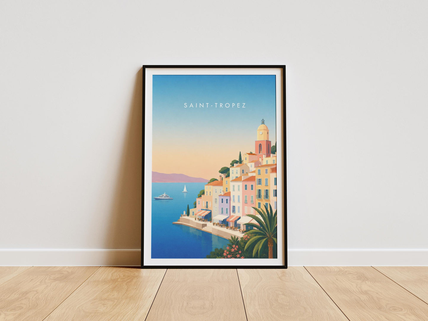 Saint-Tropez travel poster featuring elegant French Riviera coastal scenery.