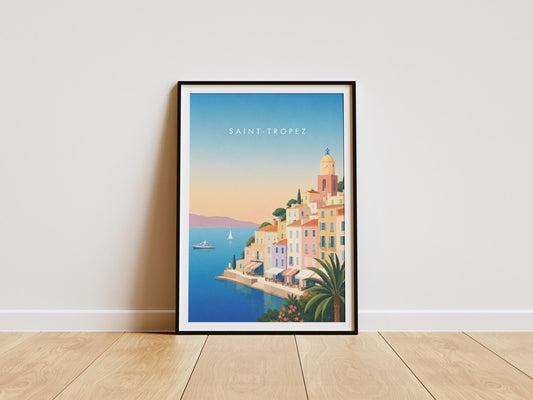 Saint-Tropez travel poster featuring elegant French Riviera coastal scenery.