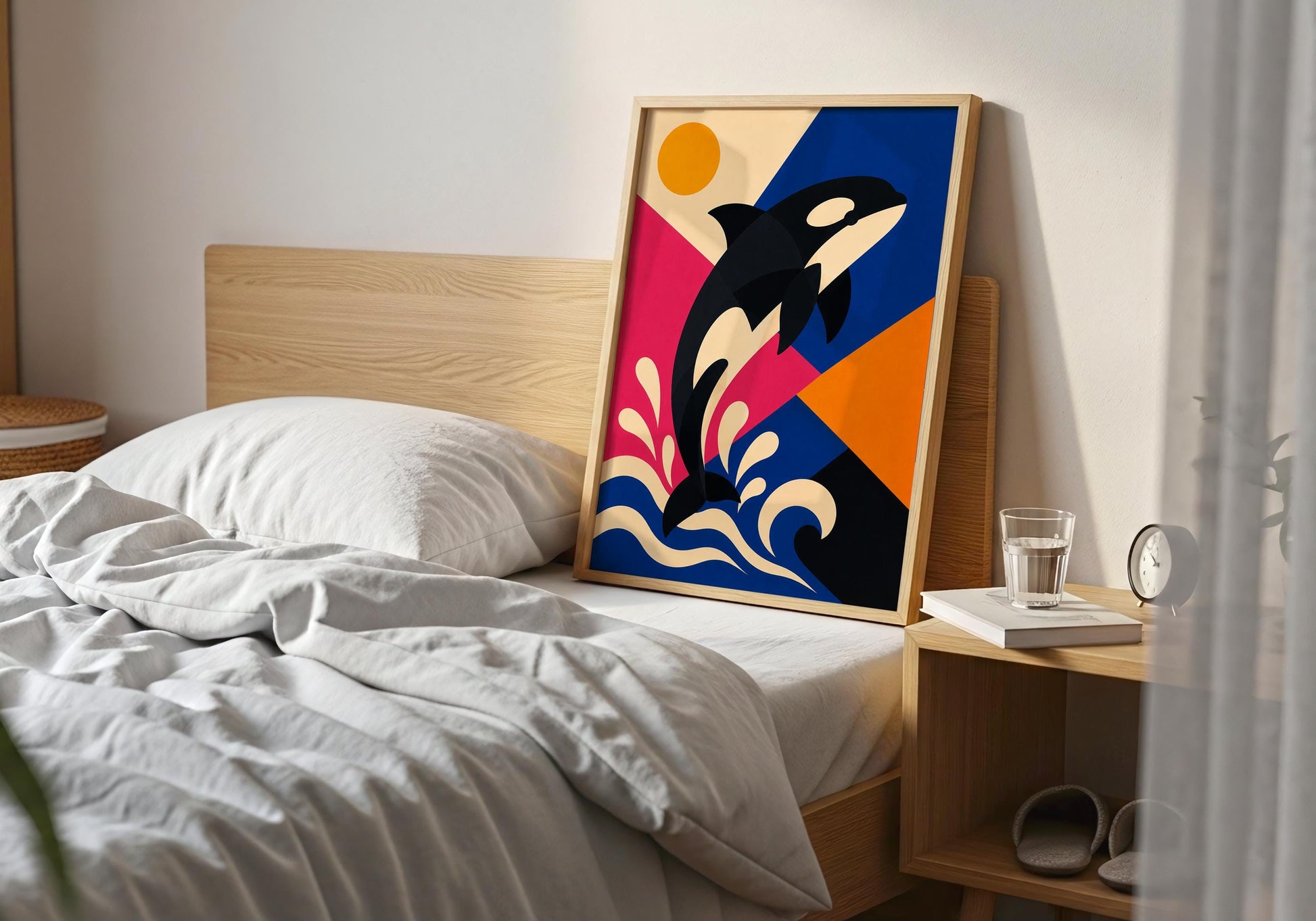 Marine life wall art with a striking killer whale design in a colourful modern abstract ocean scene.