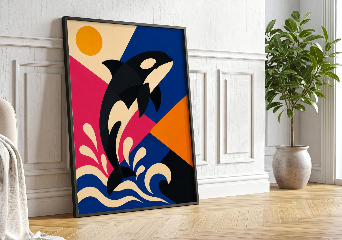 Modern whale wall decor with bold blue, orange and pink geometric shapes inspired by coastal and nautical interiors.