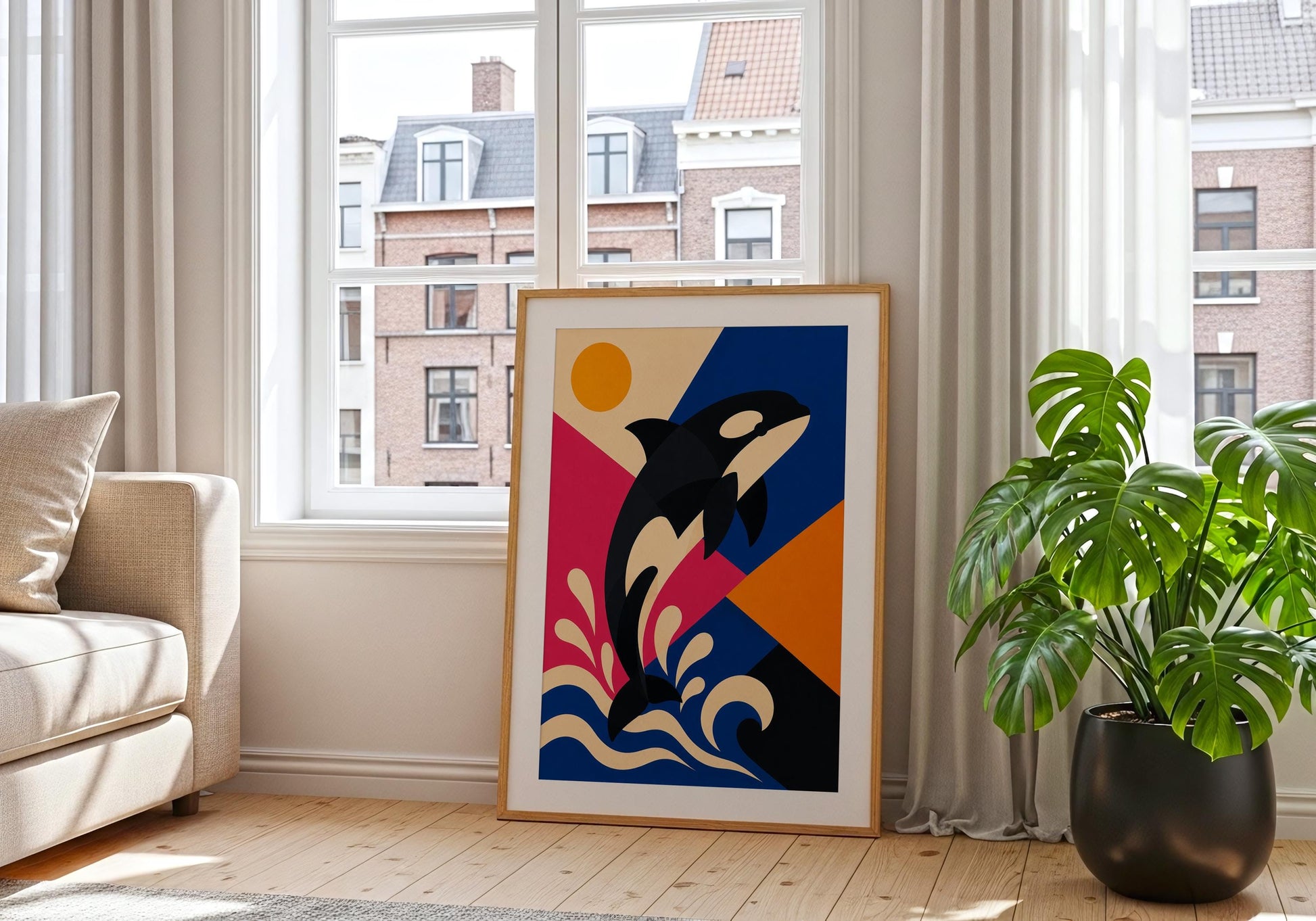 Coastal wall art print featuring a vibrant orca illustration perfect for beach house and ocean-themed decor.