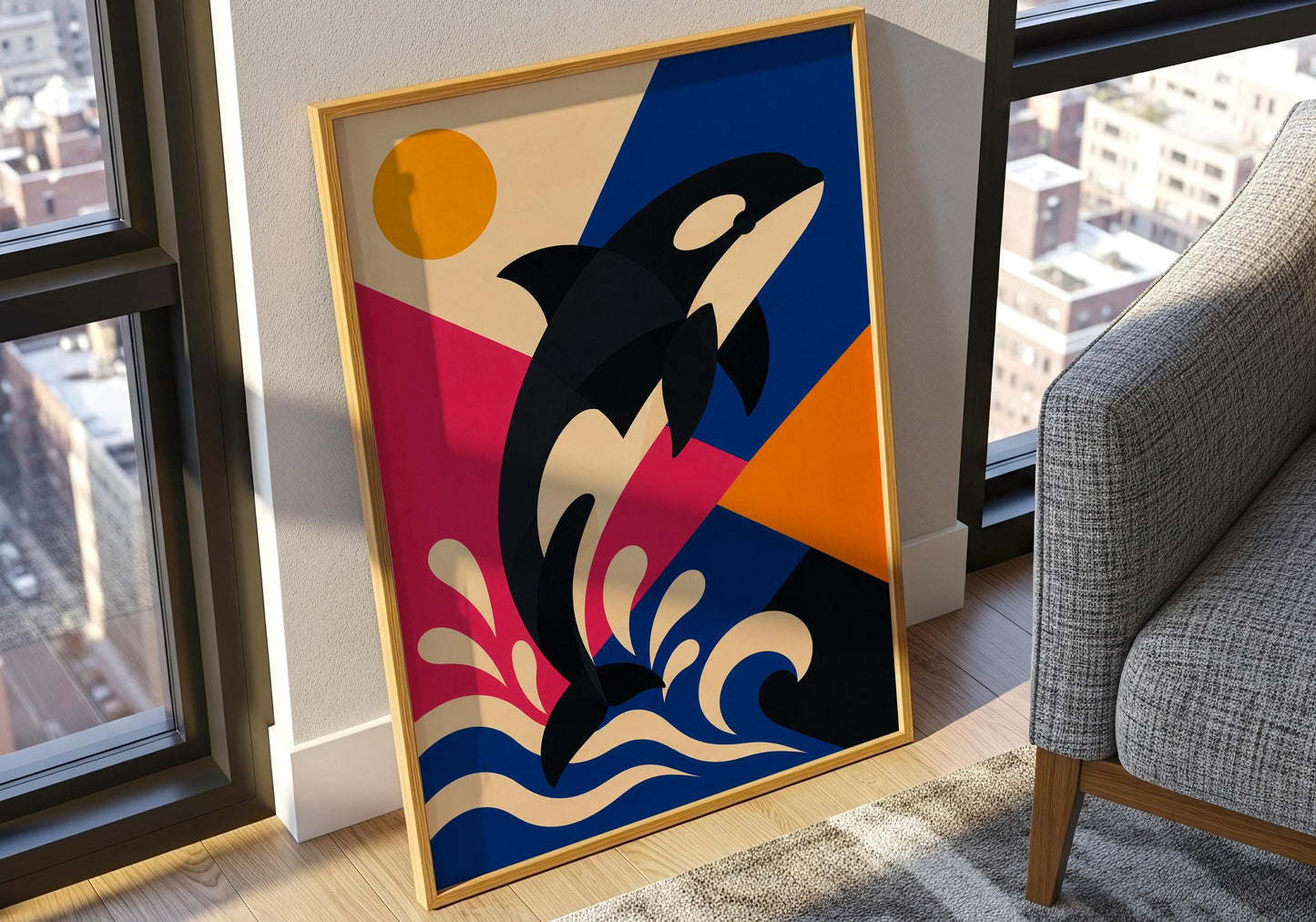 Nautical wall decor showcasing an elegant orca surrounded by waves and bold geometric coastal colours.
