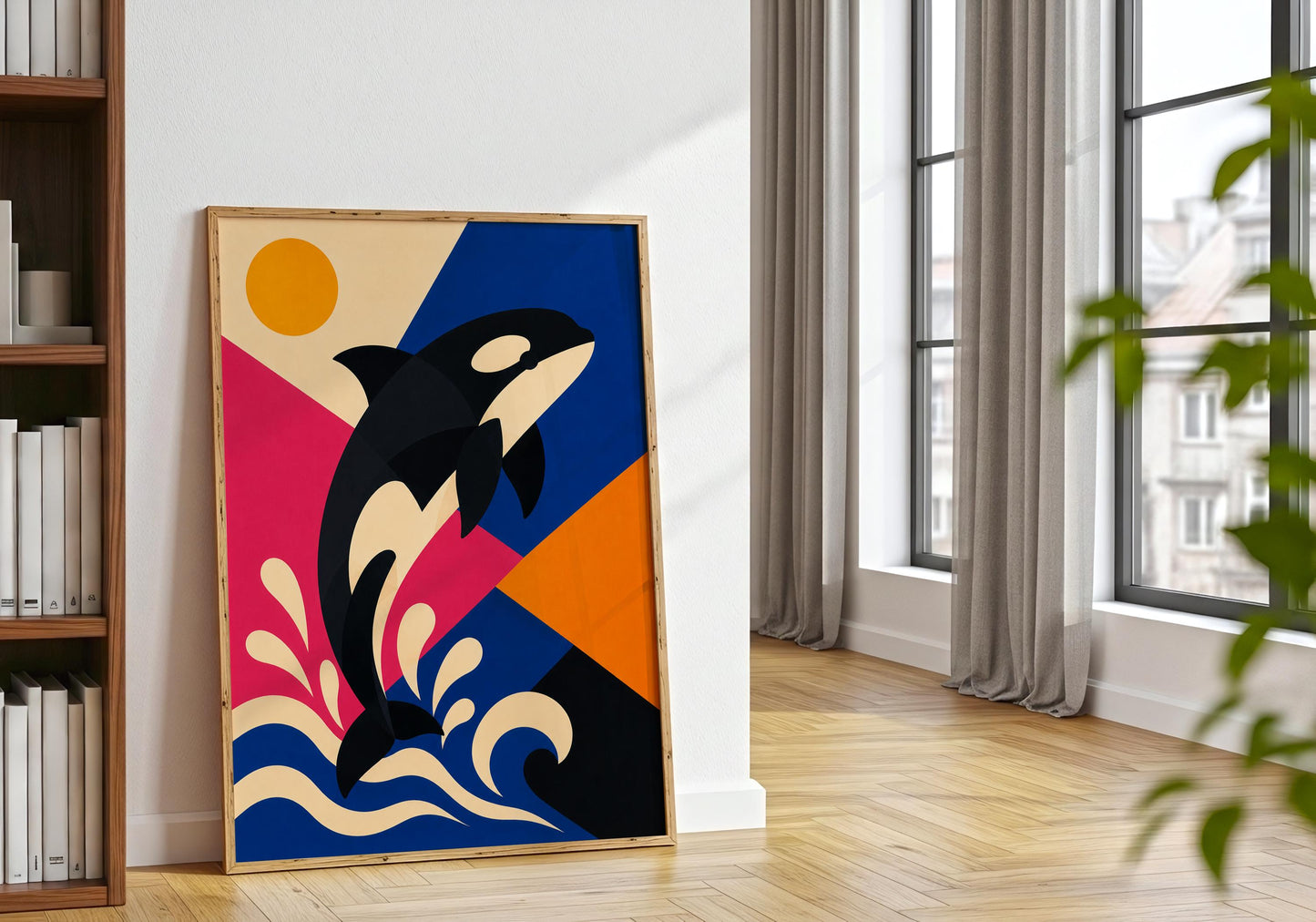Beach house wall art print with a contemporary orca design, ocean waves and colourful geometric background.