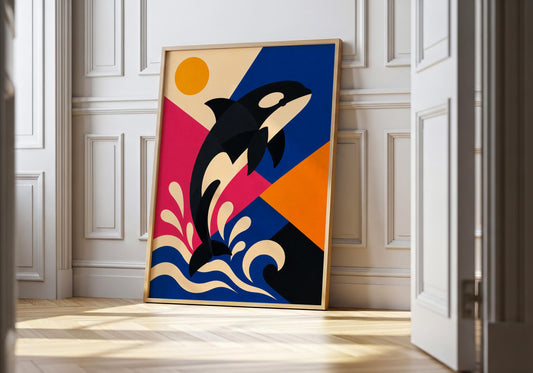Colourful orca wall art print featuring a killer whale jumping above ocean waves in a modern geometric coastal design.