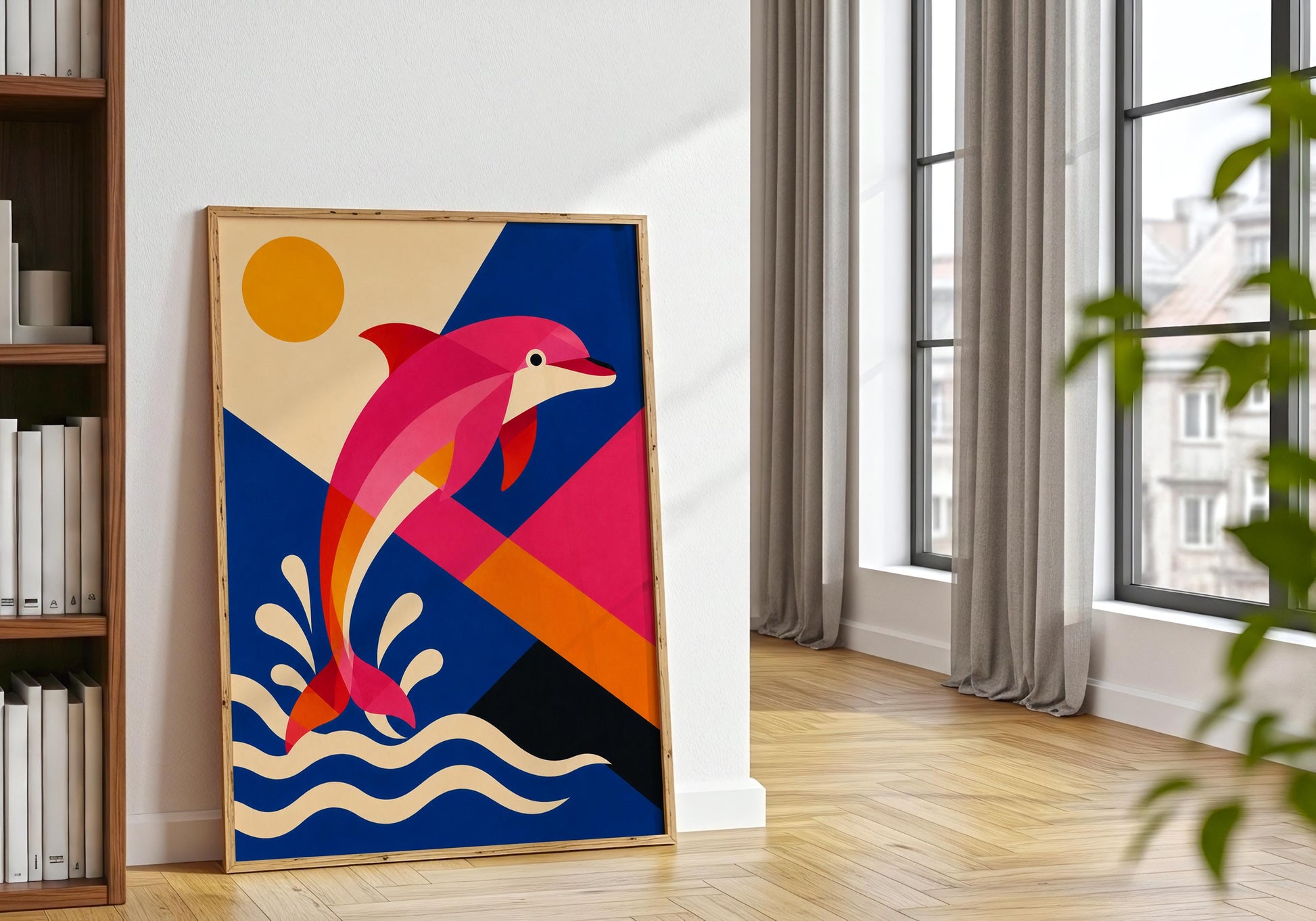 Ocean wall art print featuring a graceful dolphin and abstract seaside shapes in bright modern tones.
