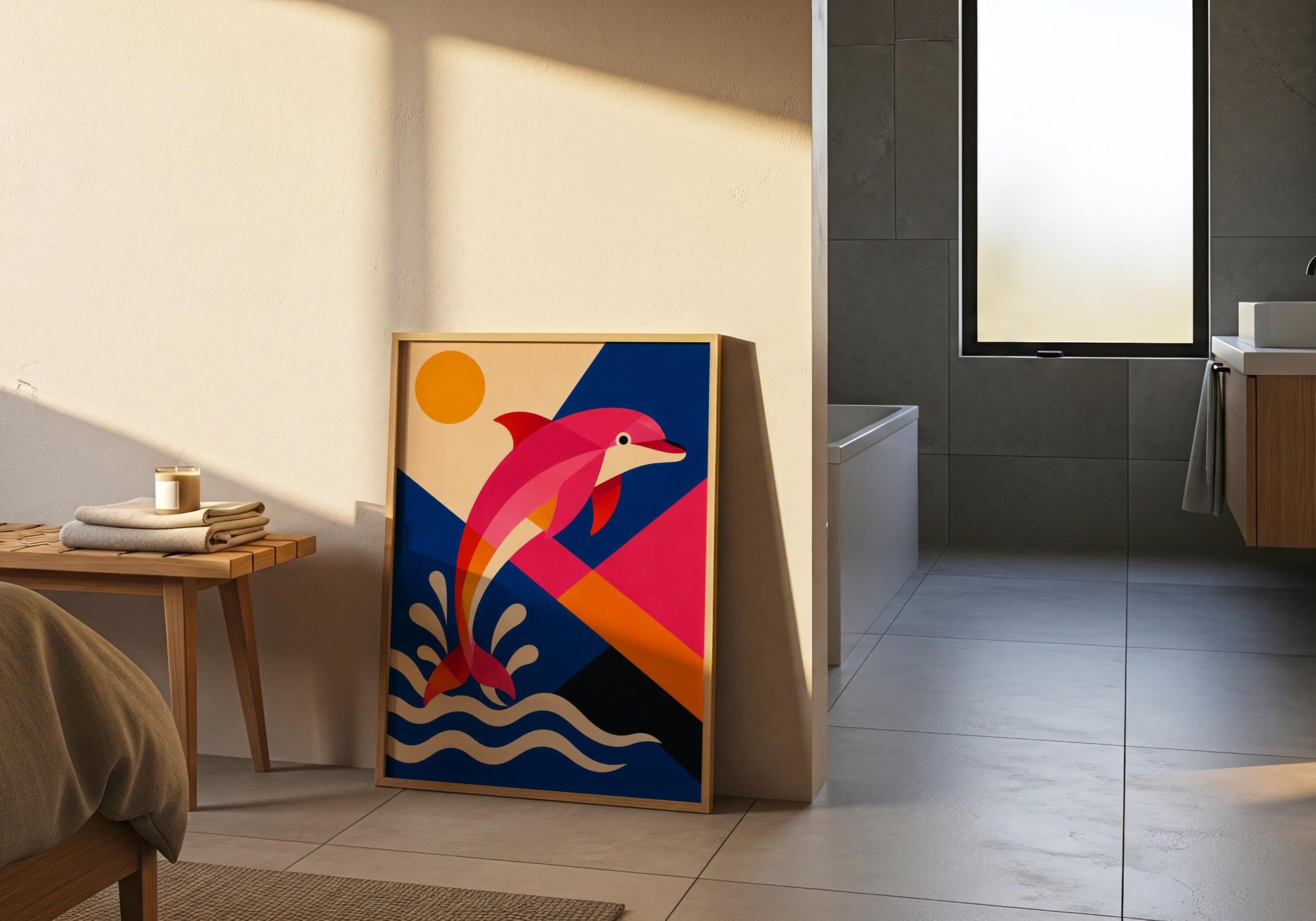 Coastal wall art featuring a playful dolphin jumping through stylised waves against a bold abstract ocean backdrop.