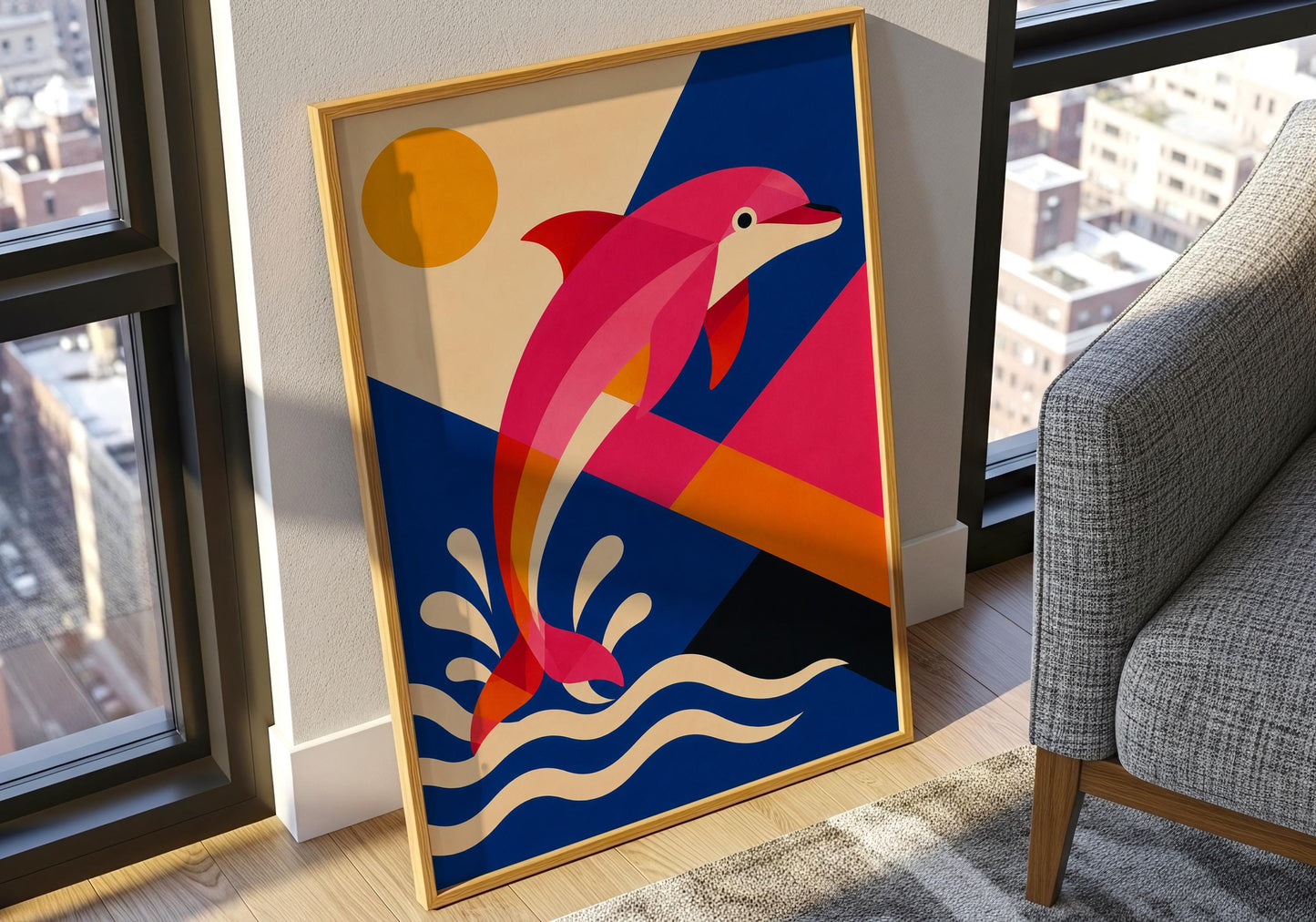 Contemporary marine life artwork showcasing a colourful dolphin in a modern beach house inspired design.