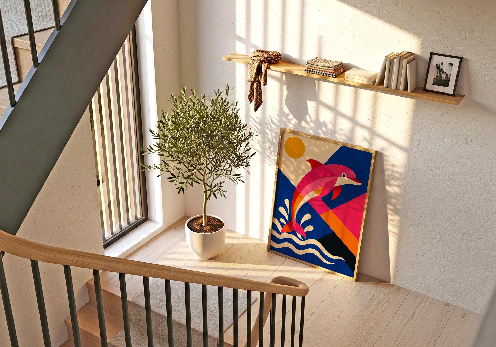 Nautical wall decor with a vibrant dolphin illustration, ocean waves and geometric coastal colours.