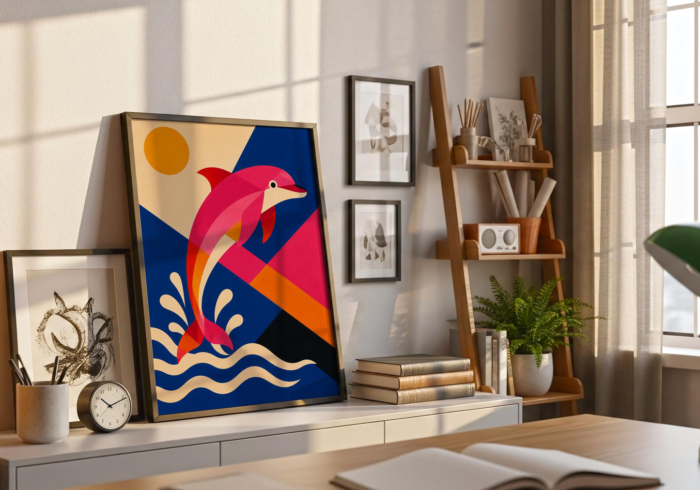 Dolphin lover gift featuring modern marine artwork with bold geometric patterns and ocean-inspired colours.