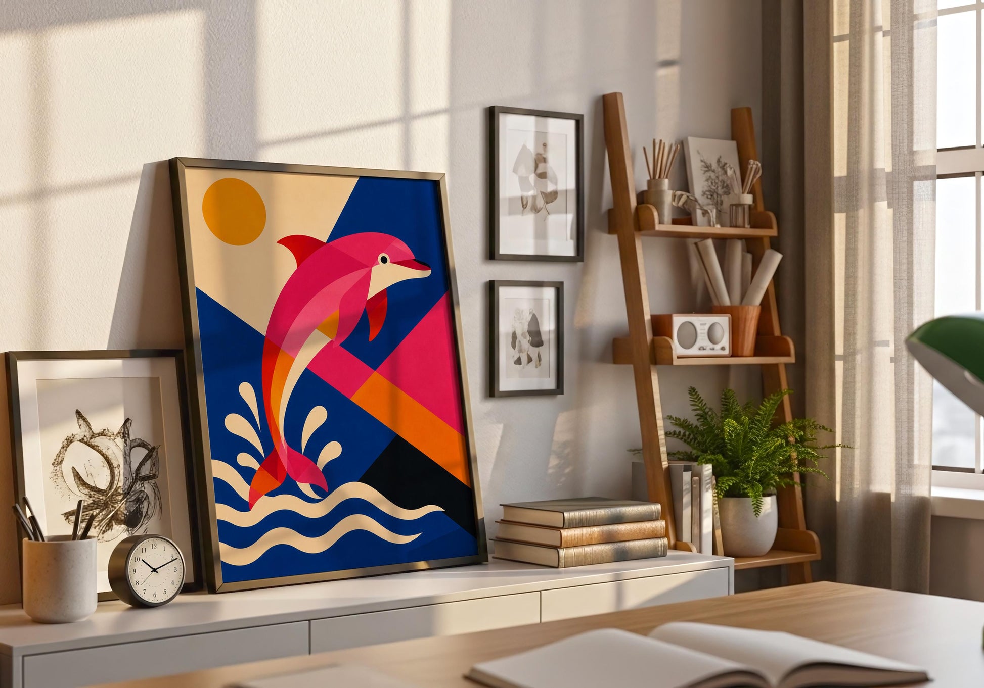 Dolphin lover gift featuring modern marine artwork with bold geometric patterns and ocean-inspired colours.