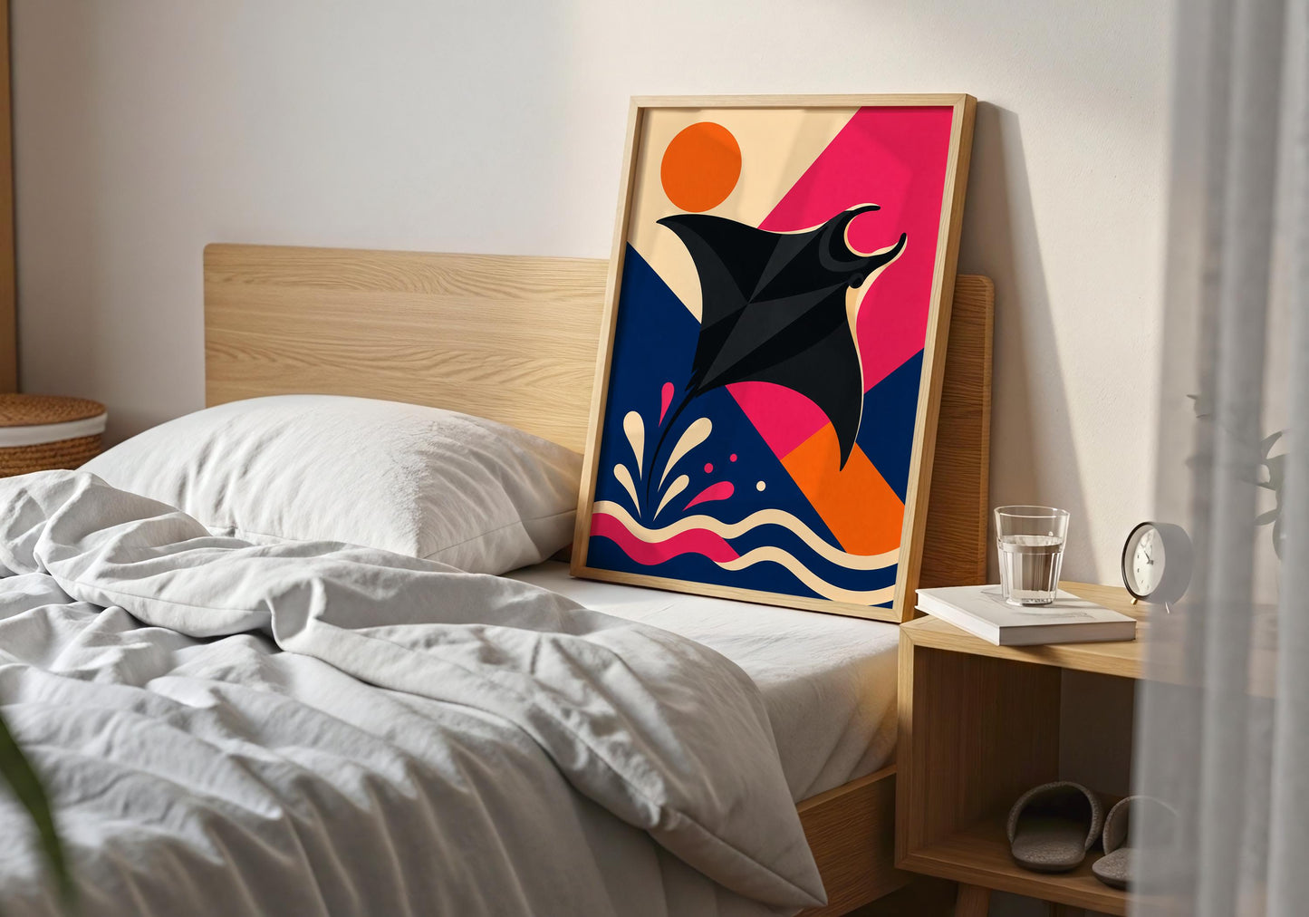 Colourful manta ray poster with geometric ocean shapes inspired by contemporary marine life artwork.