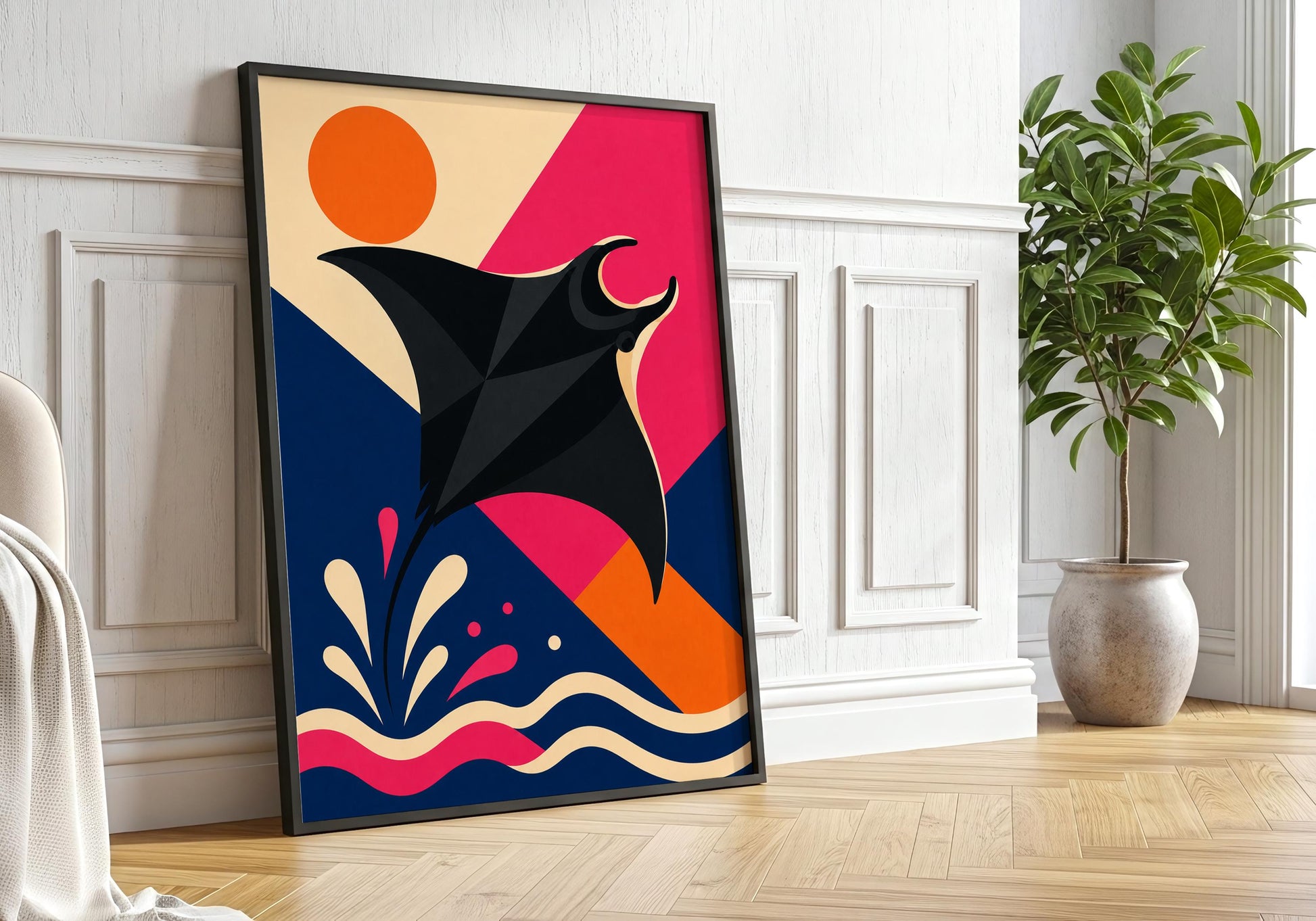 Marine animal artwork showcasing a black manta ray against a bold pink and blue geometric background.