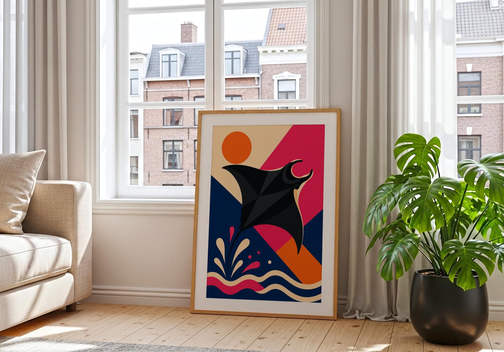 Contemporary ocean wall art with a striking stingray illustration and abstract seaside elements.