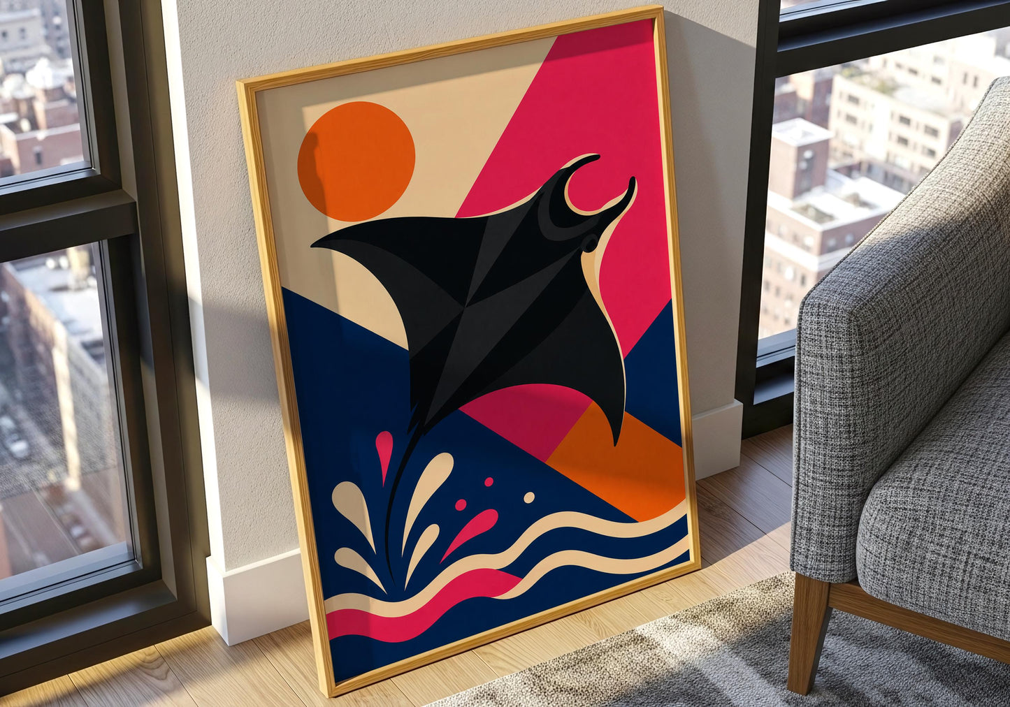 Scuba diving inspired wall decor featuring a manta ray soaring above stylised waves.
