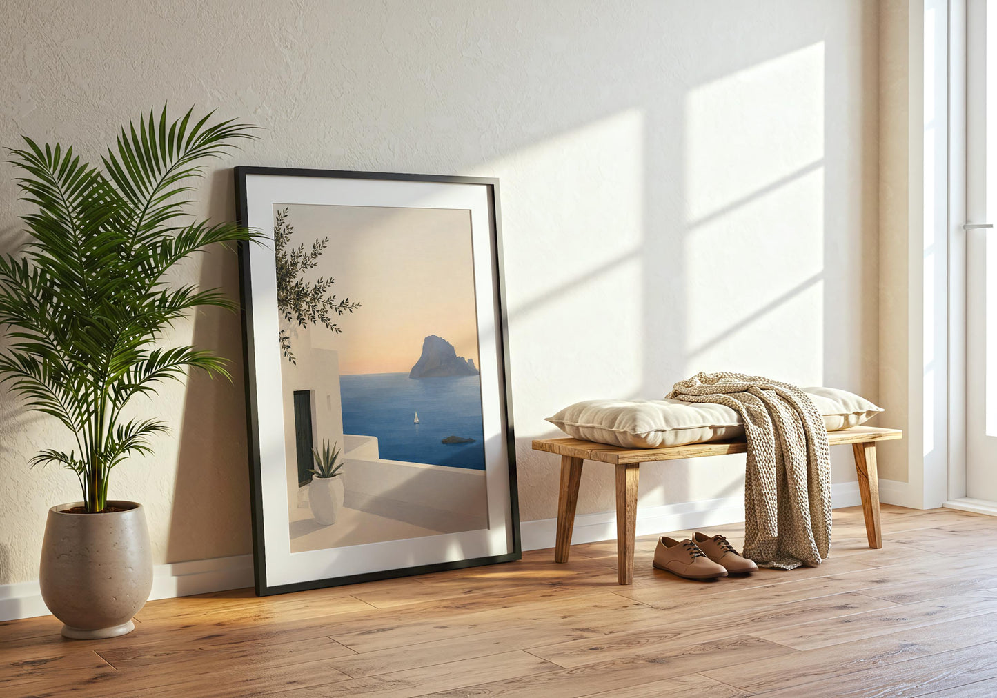 Coastal wall art inspired by Ibiza with a peaceful ocean view and minimalist white buildings.