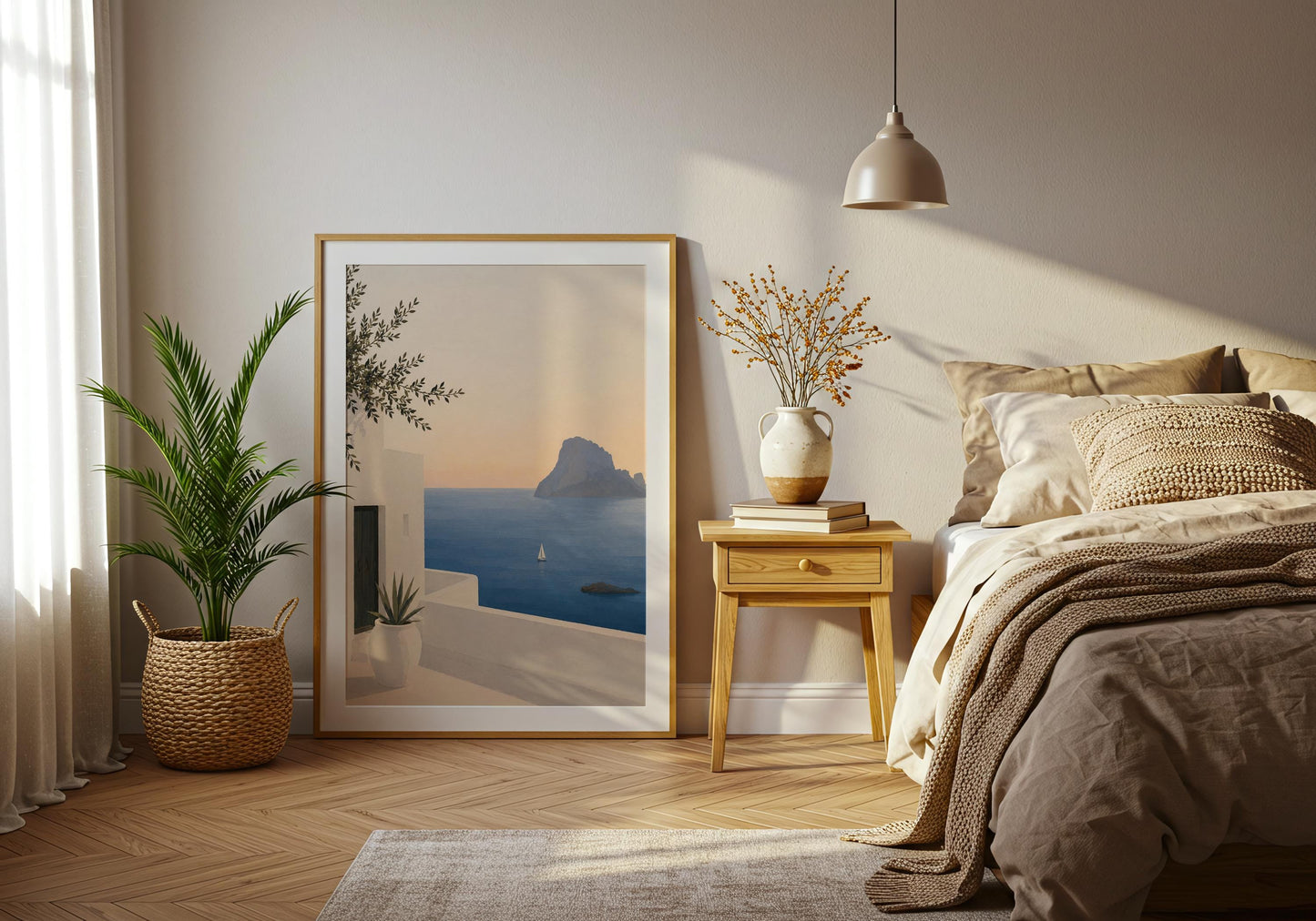 Spanish island landscape artwork with whitewashed buildings and calming Mediterranean waters.