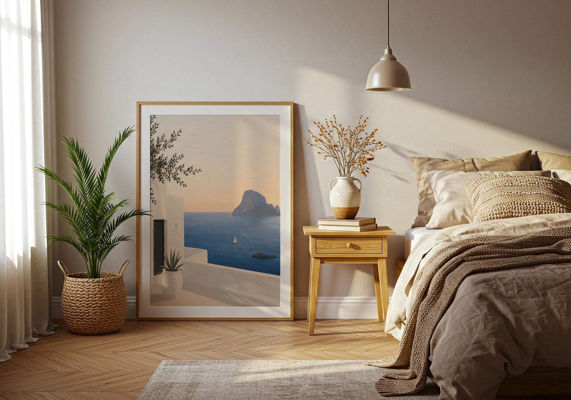 Spanish island landscape artwork with whitewashed buildings and calming Mediterranean waters.