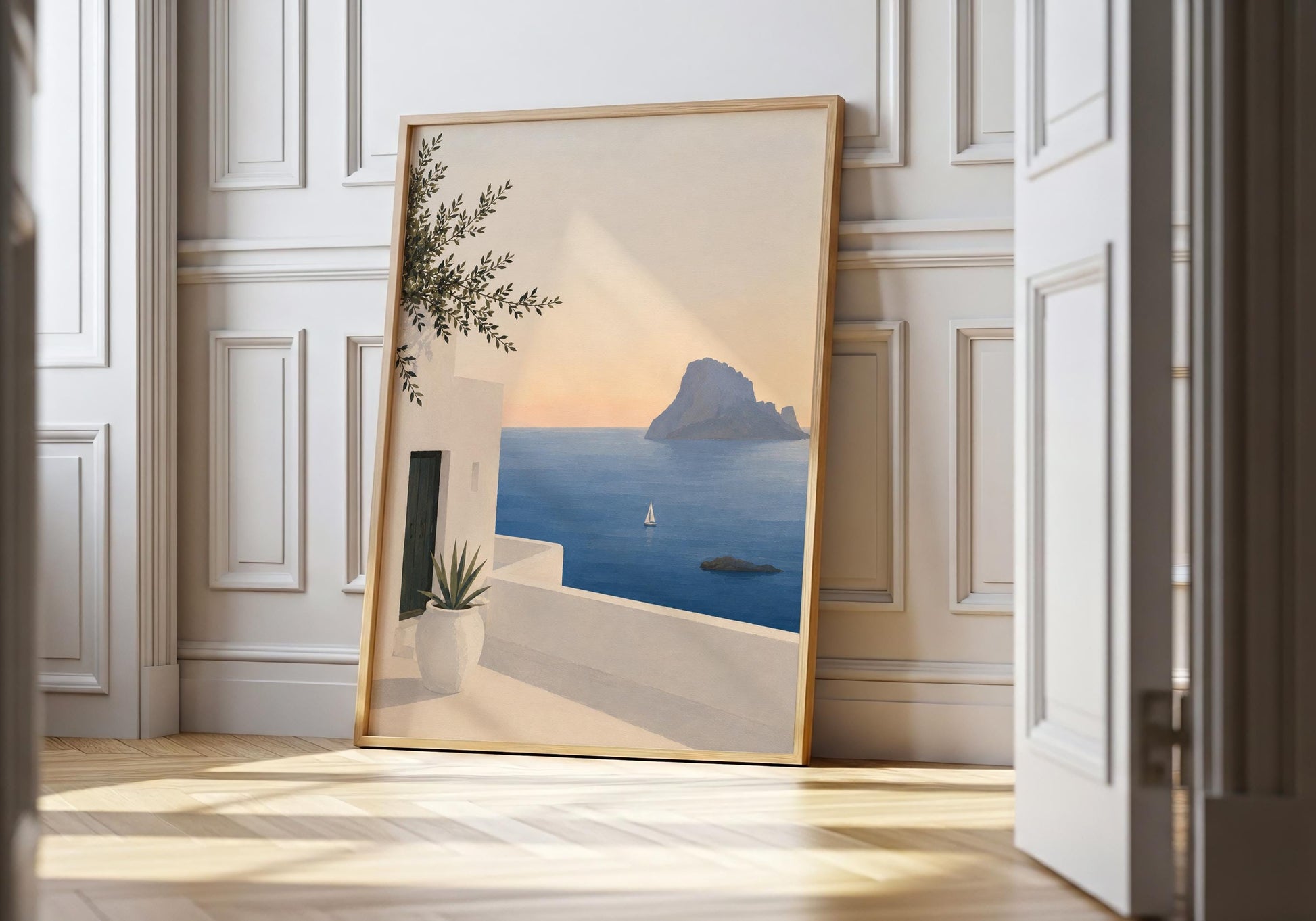 Beach house wall décor with a serene Ibiza sea view in soft neutral and blue colour tones.